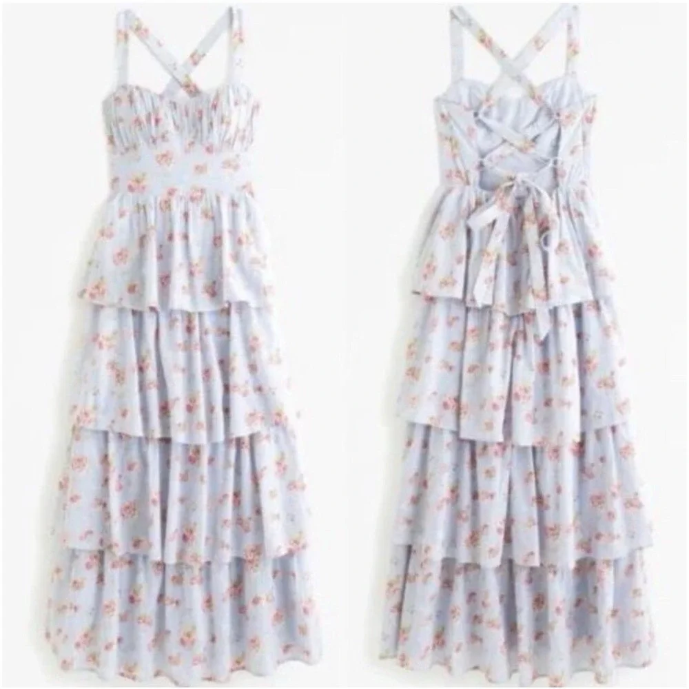 Abercrombie & Fitch Maxi Dress Blue Floral Cotton Tiered Tie Back Romantic Sz LT